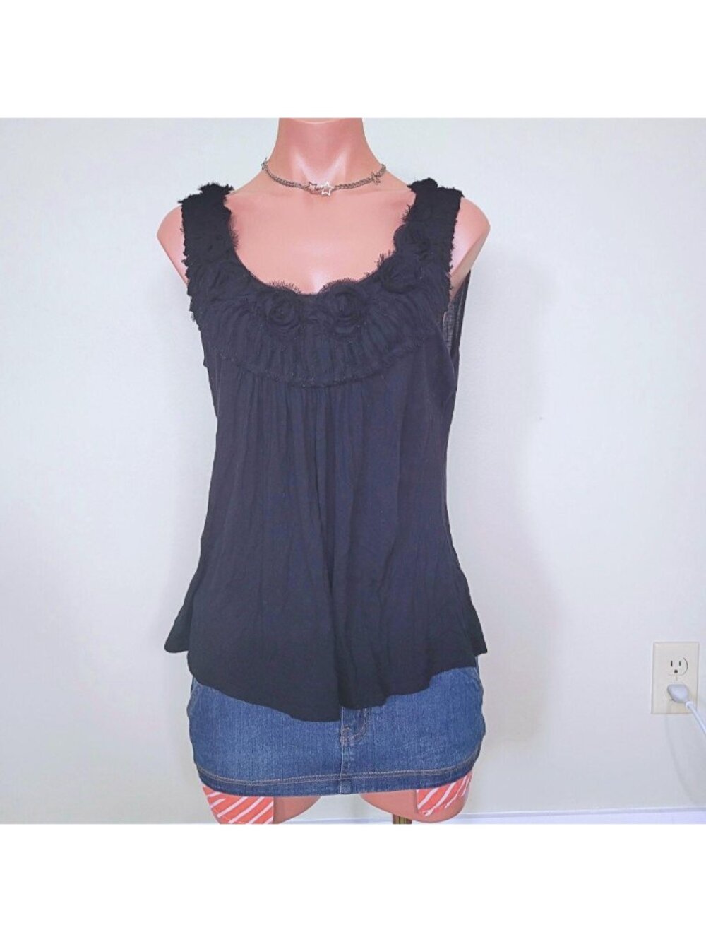 Whimsigoth Rose Accent Sheer Lace Panel Trim Camisole Tank Top (One Size)